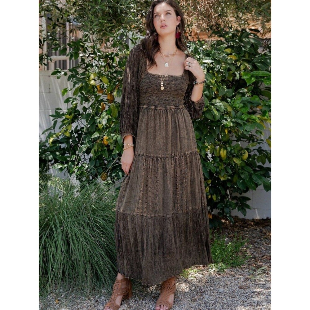 Young Threads Embroidered Empire Mid-Length Dress in Amber Size M